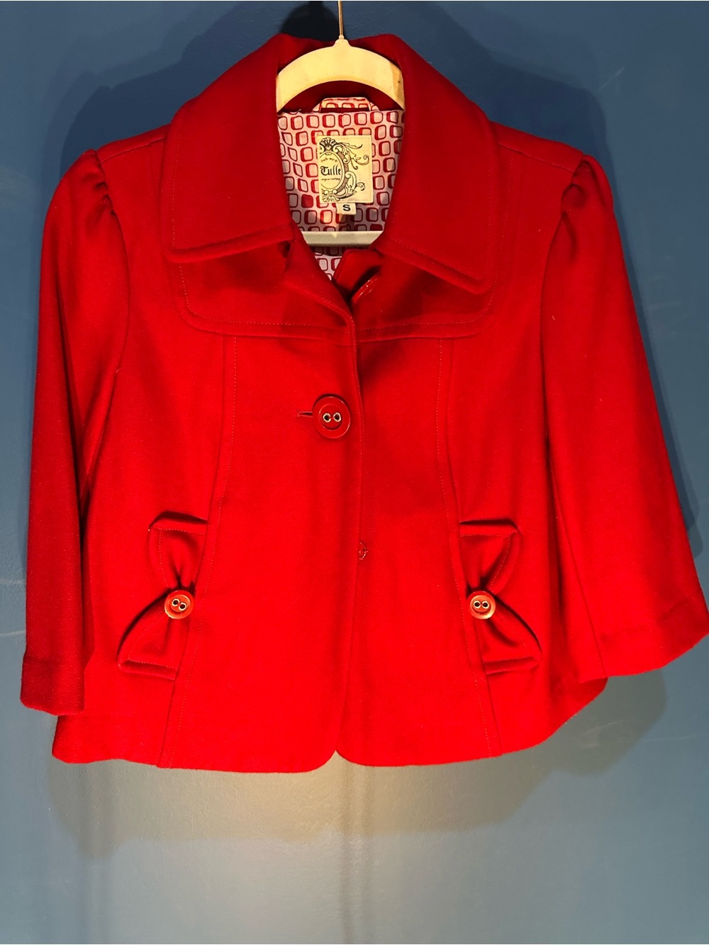 Tulle Vibrant Red Short Peacoat with Bow-Pocket Detail
